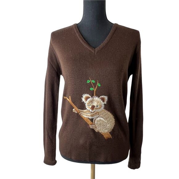 LeRoy Knitwear Sweaters - Vintage LeRoy Knitwear V-Neck Acrylic Brown Embroidered‎ Kola Sweater Sz Med